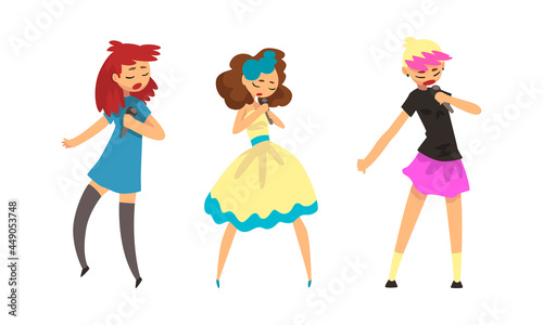 Rock and Pop Singers with Microphone Singing Performing on Stage Vector Set