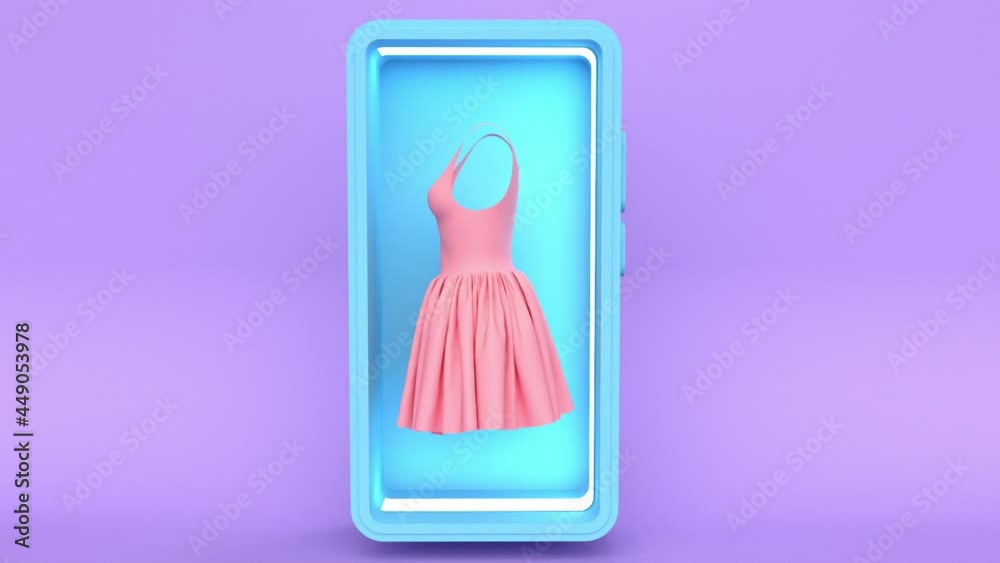 3D Mobile phone showcase with illumination and fashionable women dress. Online store concept. Minimal modern seamless motion design. Abstract animation 3D Mobile phone showcase with illumination and fashionable women dress. Online store concept. Minimal modern seamless motion design. Abstract animation