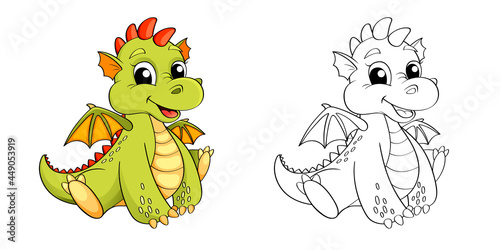 Cute cartoon dragon. Color and black/white illustration for coloring book © alka5051