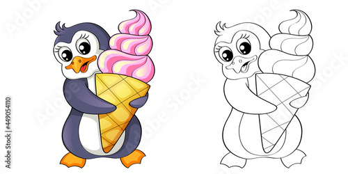 Cartoon penguin with ice cream. Color and black white vector illustration for coloring book