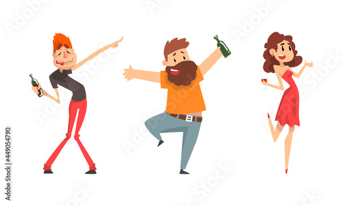 Tipsy Man and Woman Character Drinking Alcoholic Beverage Vector Set