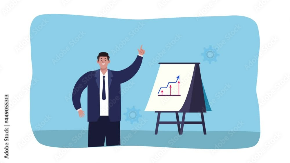 coaching animation with businessman and statistics in paperboard coaching animation with businessman and statistics in paperboard