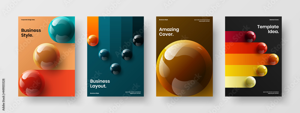Bright realistic spheres pamphlet template set. Simple cover A4 design vector layout bundle.