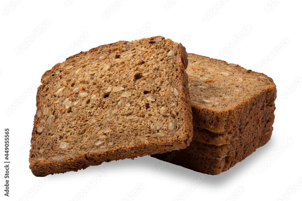 Bread made from a mixture of rye and wheat flour, with sunflower seeds and carrots.Fresh, healthy product isolated on a white background. Bread made from a mixture of rye and wheat flour, with sunflower seeds and carrots.Fresh, healthy product isolated on a white background.