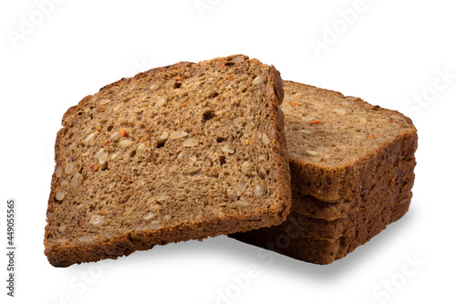 Bread made from a mixture of rye and wheat flour, with sunflower seeds and carrots.Fresh, healthy product isolated on a white background.