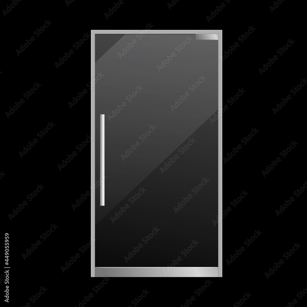 Closed glass door realistic. Exterior element. Transparent glossy material, silver metallic knob, office or boutique front view object. Vector isolated on black background illustration