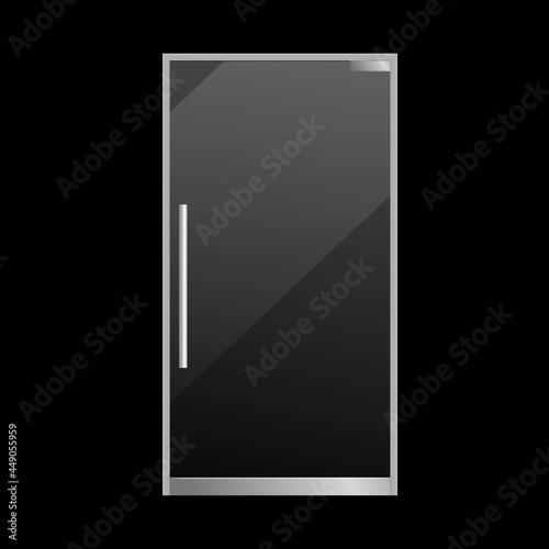 Closed glass door realistic. Exterior element. Transparent glossy material, silver metallic knob, office or boutique front view object. Vector isolated on black background illustration
