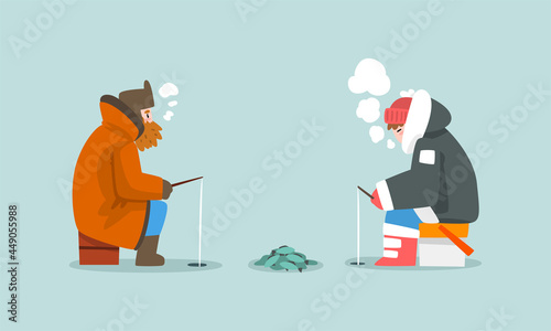 Man in Warm Winter Clothing Ice Fishing on Frozen River or Lake Vector Set