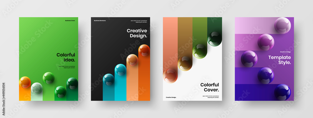 Geometric brochure A4 vector design illustration bundle. Premium realistic balls annual report template set.