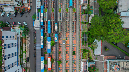 Aerial view of Bus platform at the new constructed railway station Kebayoran baru. The new platform provides space for twenty buses. Jakarta, Indonesia, August 5, 2021 © syahrir