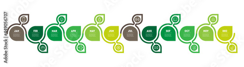 Timeline or infographics with twelve parts. Agricultural production calendar. Development of the business. Eco Business concept with options, steps or processes. Gardener's calendar for 12 months.