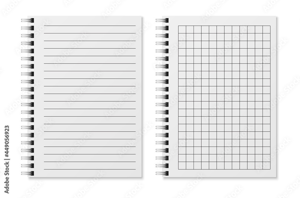 Blank sketchbook. Realistic padded diary notebook with dots and lines on metal spiral. White copybook sheets, paper open organizer, office or school stationery. Vector isolated set Blank sketchbook. Realistic padded diary notebook with dots and lines on metal spiral. White copybook sheets, paper open organizer, office or school stationery. Vector isolated set