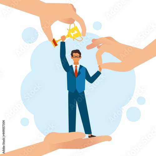 Guarantee victory. Help win. Support people in achieving goals. Cartoon man with award. Assistance hands takes care of successful businessman. Opportunity development. Vector concept