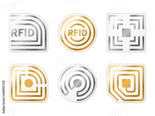 RFID tags. Golden, silver radio chips icons. Metallic identification electromagnetic label templates. Electronic shopping badges. Signs of wireless reader frequence. Vector stickers set