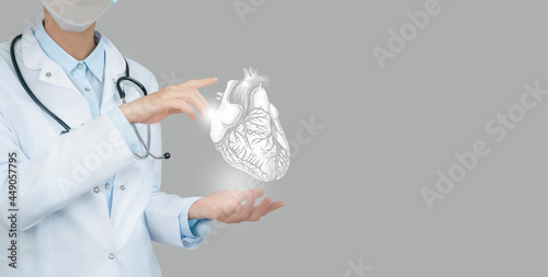 Unrecognizable doctor holding highlighted handrawn Heart in hands. Medical illustration  template  science mockup.