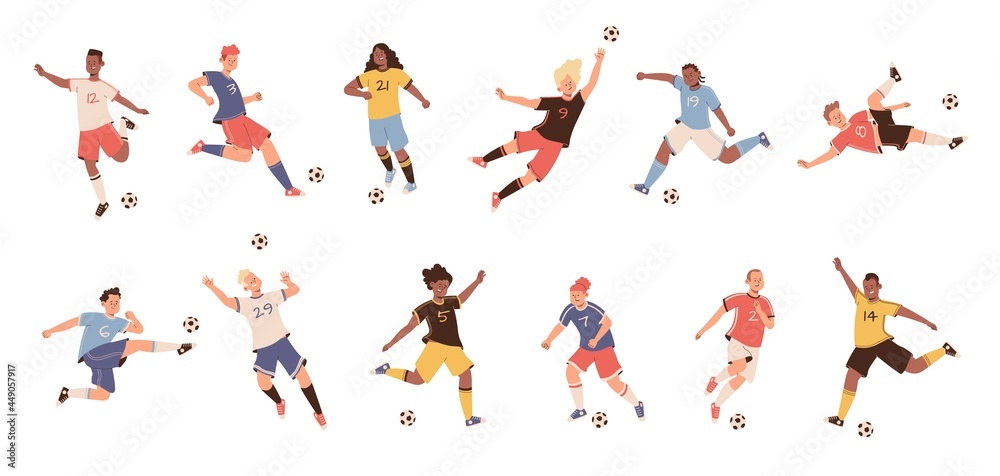 Soccer players. Dynamic football athletes poses jumping running and kicking, players differently kickball their foot, football teams uniforms vector flat cartoon isolated set