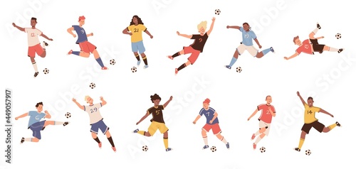 Soccer players. Dynamic football athletes poses jumping running and kicking, players differently kickball their foot, football teams uniforms vector flat cartoon isolated set photo