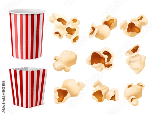 Realistic popcorn. Food packaging, corn flakes paper box and bucket, large cup, fluffy corns different angles view, watching movies snacks. Cinema and circus snack. Vector 3d isolated set