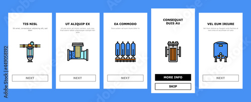 Water Filter Equipment Onboarding Mobile App Page Screen Vector. Industrial And Home Water Filter Tool, Disinfection And Filtration Process Illustrations