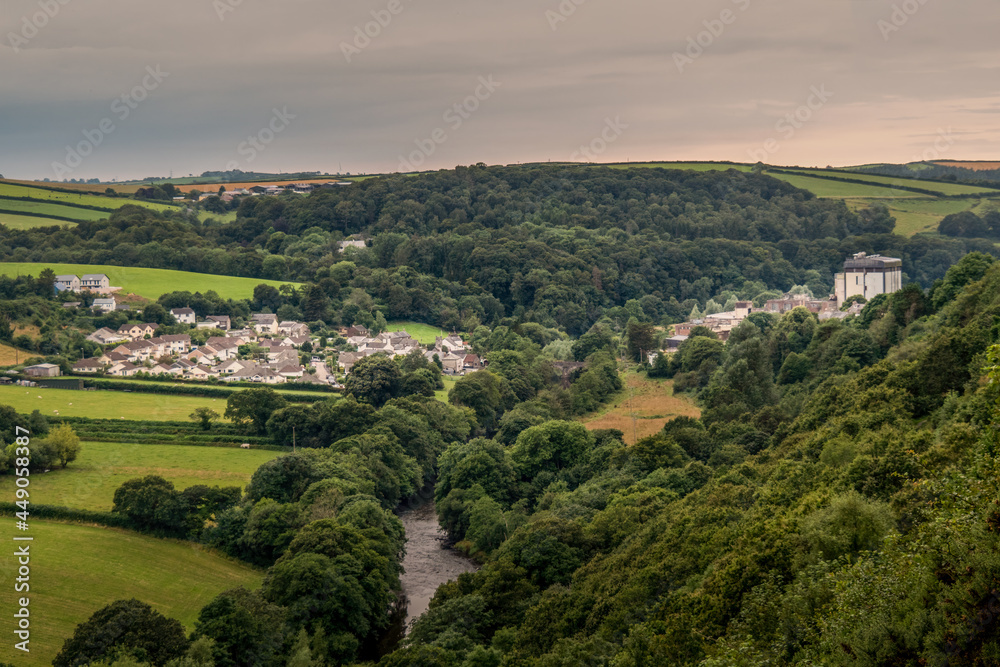 View over Taddiport village and the former creamery factory, Devon, England.
