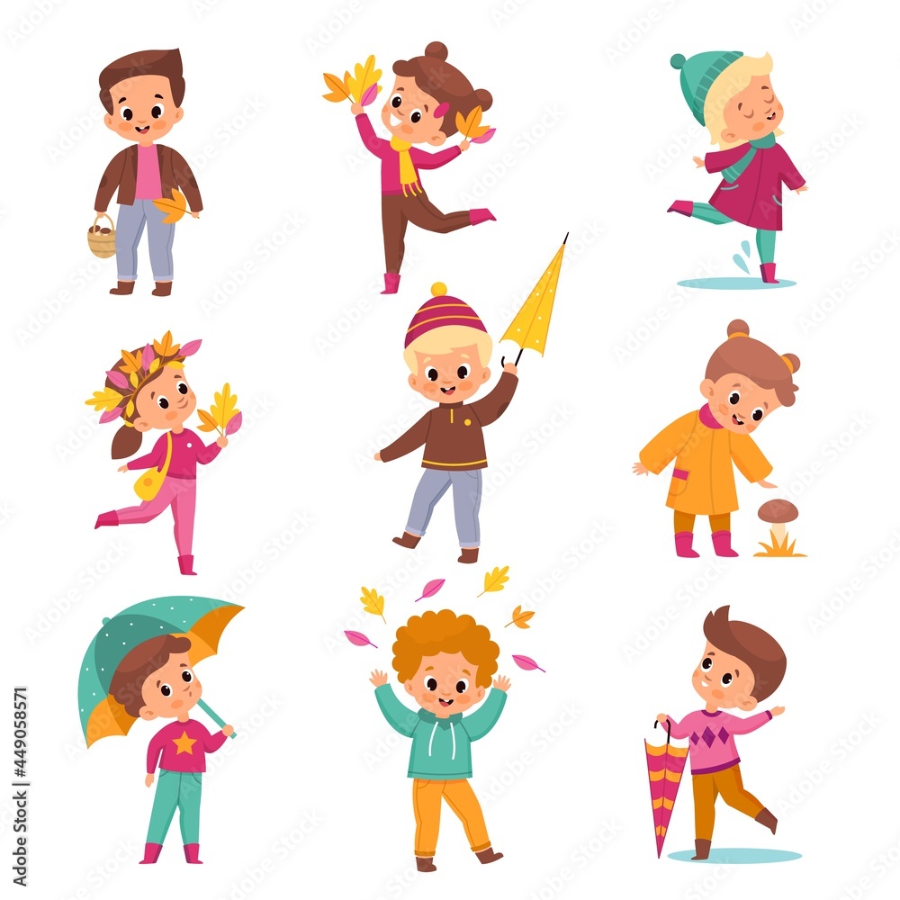 Rainy day children. Kids in warm autumn outdoor clothes, cute boys and girls with umbrellas and yellow leaves, season activities, collect mushrooms, walking on puddles vector cartoon set Rainy day children. Kids in warm autumn outdoor clothes, cute boys and girls with umbrellas and yellow leaves, season activities, collect mushrooms, walking on puddles vector cartoon set