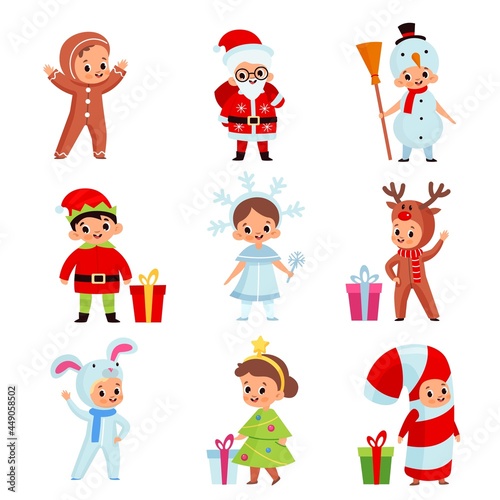 Kids in christmas costumes. Xmas cartoon children, new year holiday characters, animals and fairy-tale heroes, santa, deer and elf. Gingerbread cookie, festive tree and snowman vector set