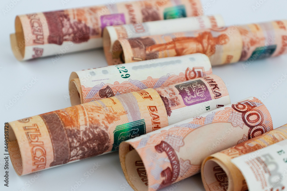 Russian banknotes on a white background. Money background. Russian banknotes on a white background. Money background.