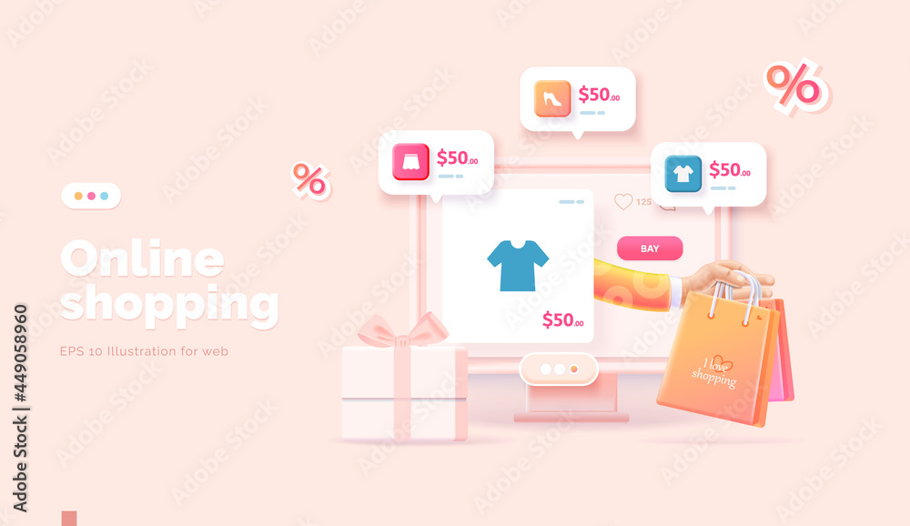 Online shopping on the website and mobile app. Conceptual illustration with online store interface, bank card, shopping bag, basket and actions with them. Web banner 3d style. Online shopping on the website and mobile app. Conceptual illustration with online store interface, bank card, shopping bag, basket and actions with them. Web banner 3d style.