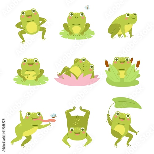 Cute frogs. Lotus flowers and funny cartoon toad character, different poses aquatic reptile, wild fauna, happy frogling in reeds. Beautiful amphibian mascot. Vector cartoon set