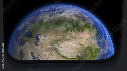 Fototapeta Naklejka Na Ścianę i Meble -  Space Tourism, View of planet Earth from a spaceship window
