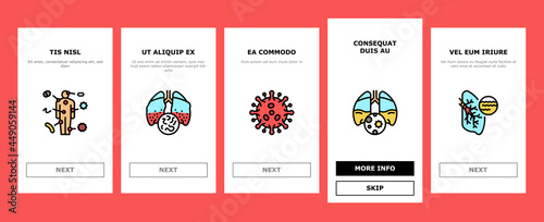 Bacteria Infection Onboarding Mobile App Page Screen Vector. Candida Bacteria And Plague, Cancer Cell And Thyroid Disease, Cutaneous Mucormycosis And Parasit Worms Illustrations