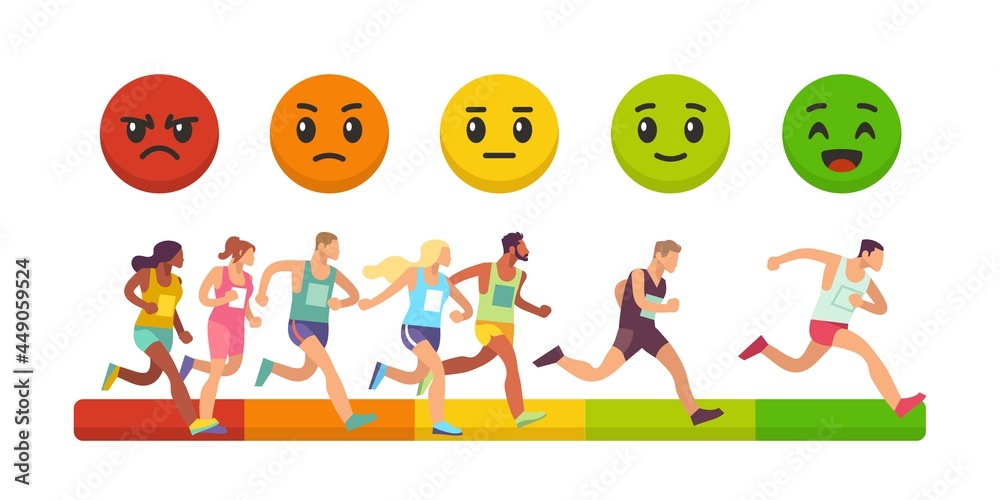 Race of emotions. Competition success measurement. Marathon winners rating. Emotional face expressions ranking. Men and women run. Sport achievement meter. Vector sprint results concept