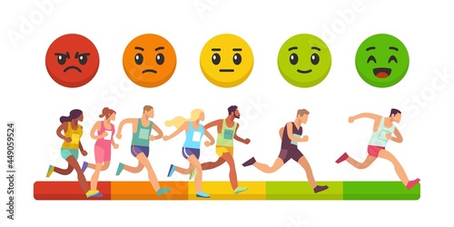 Race of emotions. Competition success measurement. Marathon winners rating. Emotional face expressions ranking. Men and women run. Sport achievement meter. Vector sprint results concept