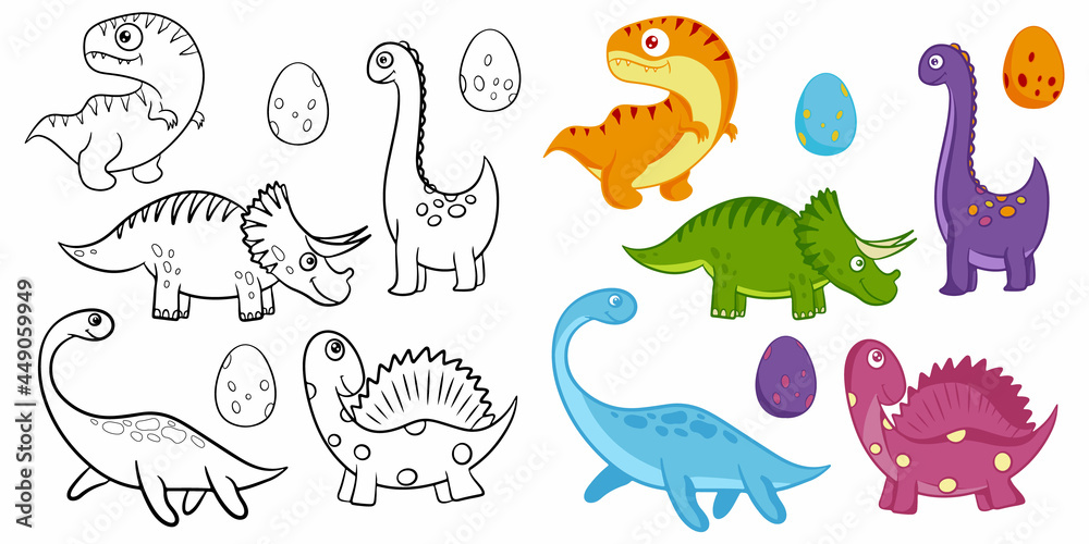 Fototapeta Zestaw animowanych dinozaurów do kolorowania. Ilustracja wektorowa czarno-białe. Gra edukacyjna dla dzieci. Płaski styl kreskówek.