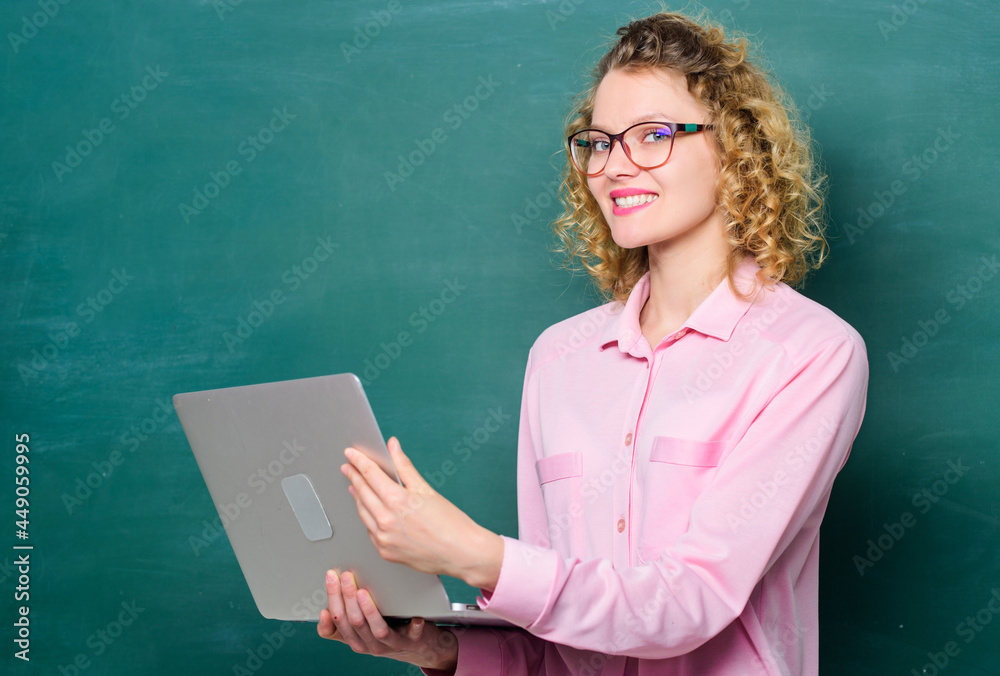 Informatics and programming. Teacher notebook searching information chalkboard background. Online school. Teaching online course. Remote job. Online schooling concept. Woman laptop surfing internet Informatics and programming. Teacher notebook searching information chalkboard background. Online school. Teaching online course. Remote job. Online schooling concept. Woman laptop surfing internet