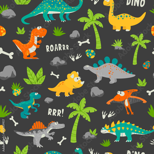 Vector Seamless Pattern. Cute and Funny Flat Dinosaurs - T-rex  Stegosaurus  Velociraptor  Pterodactyl  Brachiosaurus  Ankylosaurus  Diplodocus  Spinosaurus  Brontosaurus  Triceratops. Dinosaur Print