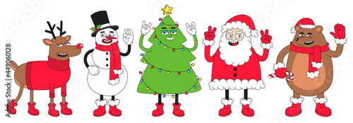 Christmas cartoon characters. Set of vector comic illustrations with snowman, reindeer, Santa Claus, Christmas tree.