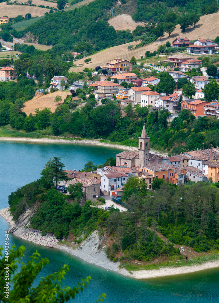Beautiful landscape of small old town with beautiful lake MERCATALE MARCHE ITALY AT SUMMER