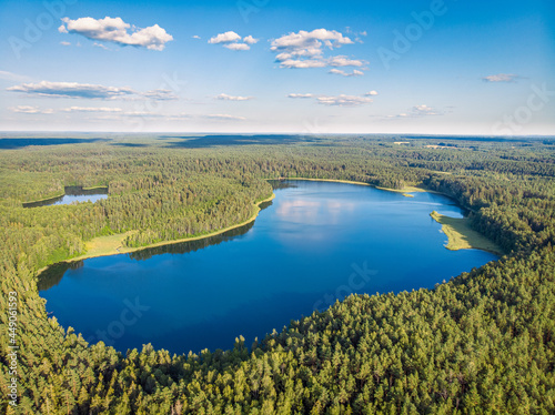 Two lakes in the forest. Famouses belorussian lakes. Drone aerial shot