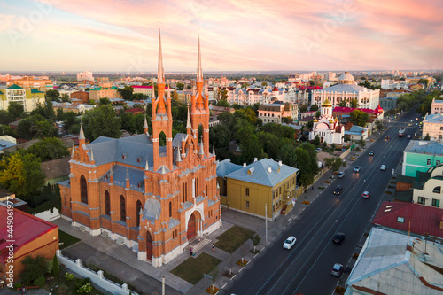 Aerial view of beautiful catholic church in Samata city in gothic style