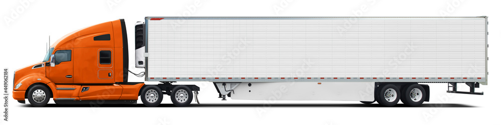 A large modern American truck with a white trailer and a orange cab. Side view isolated on white background.
A large modern American truck with a white trailer and a orange cab. Side view isolated on white background.