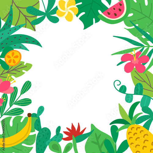 Tropical summer frame. Beach party border. Beauty product decoration. Summer sale background. Palm poster. Fashion event design. Fun in the sun. Tropic flower. Hawaii floral. Vector illustration