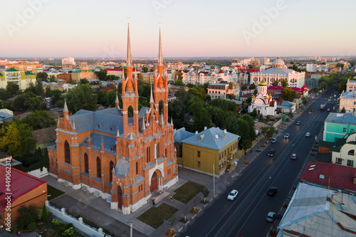 Aerial view of beautiful catholic church in Samata city in gothic style photo