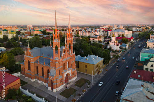 Aerial view of beautiful catholic church in Samata city in gothic style