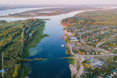 Aerial view of Samara city with Volga river in the sunset