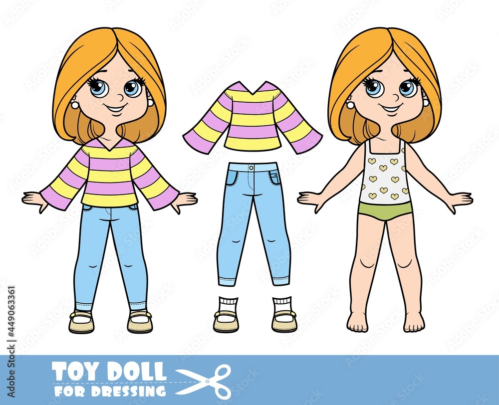 Cartoon girl with bob hairstyle in underwear ,dressed and clothes separately - striped pullover, skinny classic blue jeans, beige sandals doll for dressing Cartoon girl with bob hairstyle in underwear ,dressed and clothes separately - striped pullover, skinny classic blue jeans, beige sandals doll for dressing