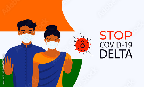 Coronavirus Delta. B.1.617.2. Indian man and woman show stop hand gesture