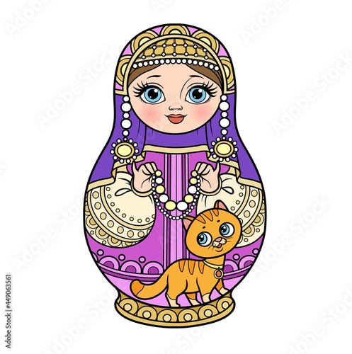 Russian traditional nest doll Matrioshka in a kokoshnik with cat and beads pink and purple color variation for coloring page isolated on white background