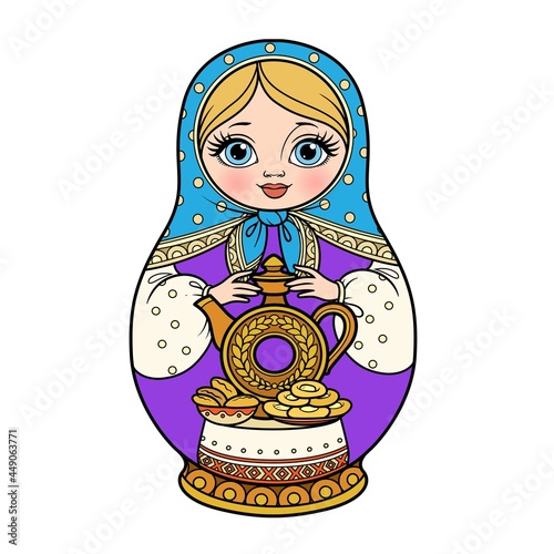 Russian traditional nest doll Matrioshka with earthenware jug for kvass and pies blue and purple color variation for coloring page isolated on white background