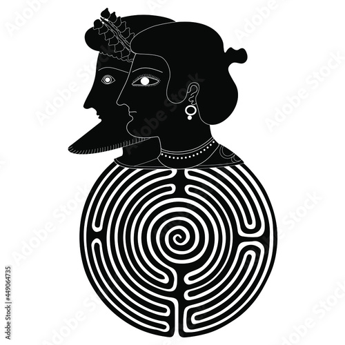 Two heads of ancient Greek man and woman on top of a round spiral maze or labyrinth symbol. Antique couple. Creative concept. Black and white silhouette. Theseus or Dionysus and Ariadne.